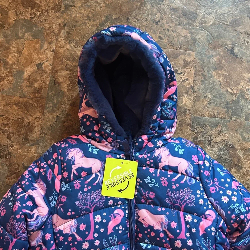 Falls Creek Kids Unicorn Reversible Shoes Winter Coat Toddler Girls Size 3T Blue